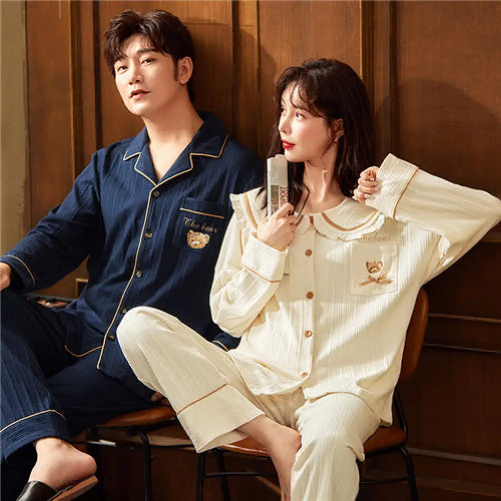 ペア パジャマ 長袖 カップル ペア ルームウェア 結婚祝い プレゼント 秋冬 ギフト 上下 セット 部屋着 ペアルック おそろい メンズ 秋 記念日 前開き クマ ベージュ ID2235 タイプ① / レディースＭ カップル>セットアップ