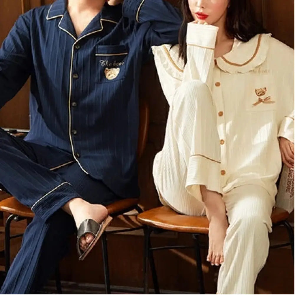 ペア パジャマ 長袖 カップル ペア ルームウェア 結婚祝い プレゼント  秋冬 ギフト 上下 セット 部屋着 ペアルック おそろい  メンズ 秋 記念日 前開き クマ ベージュ ID2235