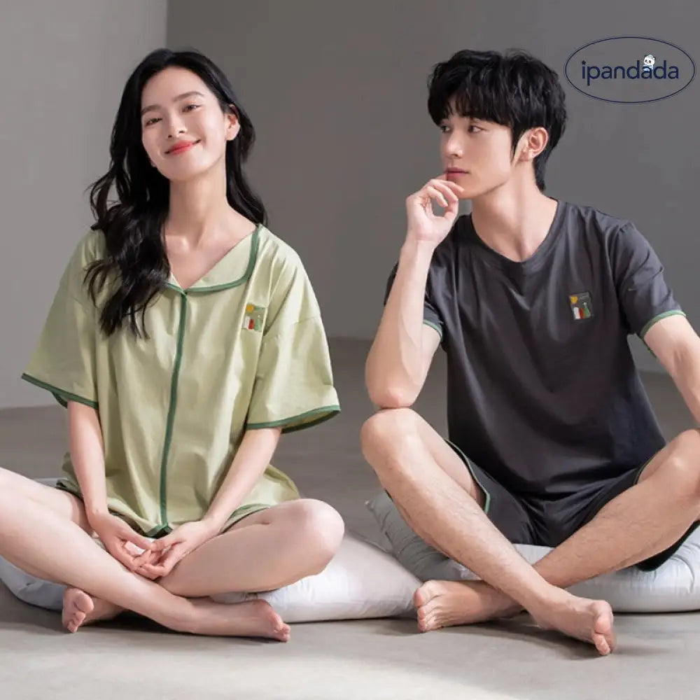 ID1511 ペア 夏 オーガニックコットン 新作 半袖 メンズ レディース ルームウェア シンプル 無地 お出かけ対応 2点セット