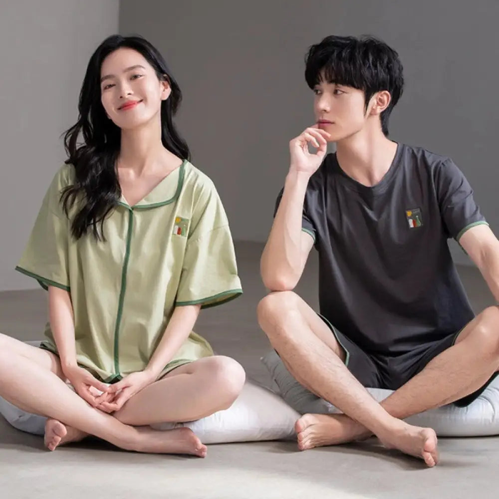 ID1511 ペア 夏 オーガニックコットン 新作 半袖 メンズ レディース ルームウェア シンプル 無地 お出かけ対応 2点セット タイプ③ / レディースＭ カップル>セットアップ