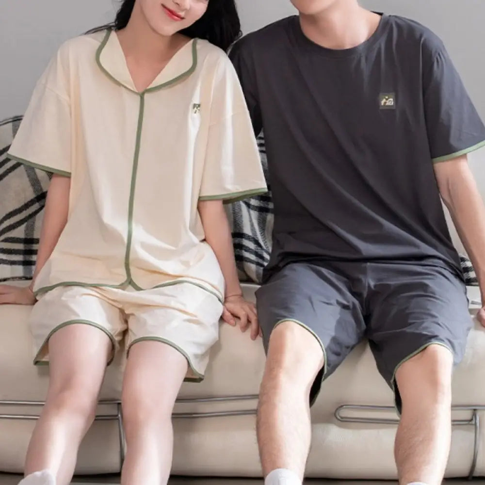 ID1511 ペア 夏 オーガニックコットン 新作 半袖 メンズ レディース ルームウェア シンプル 無地 お出かけ対応 2点セット タイプ④ / レディースＭ カップル>セットアップ