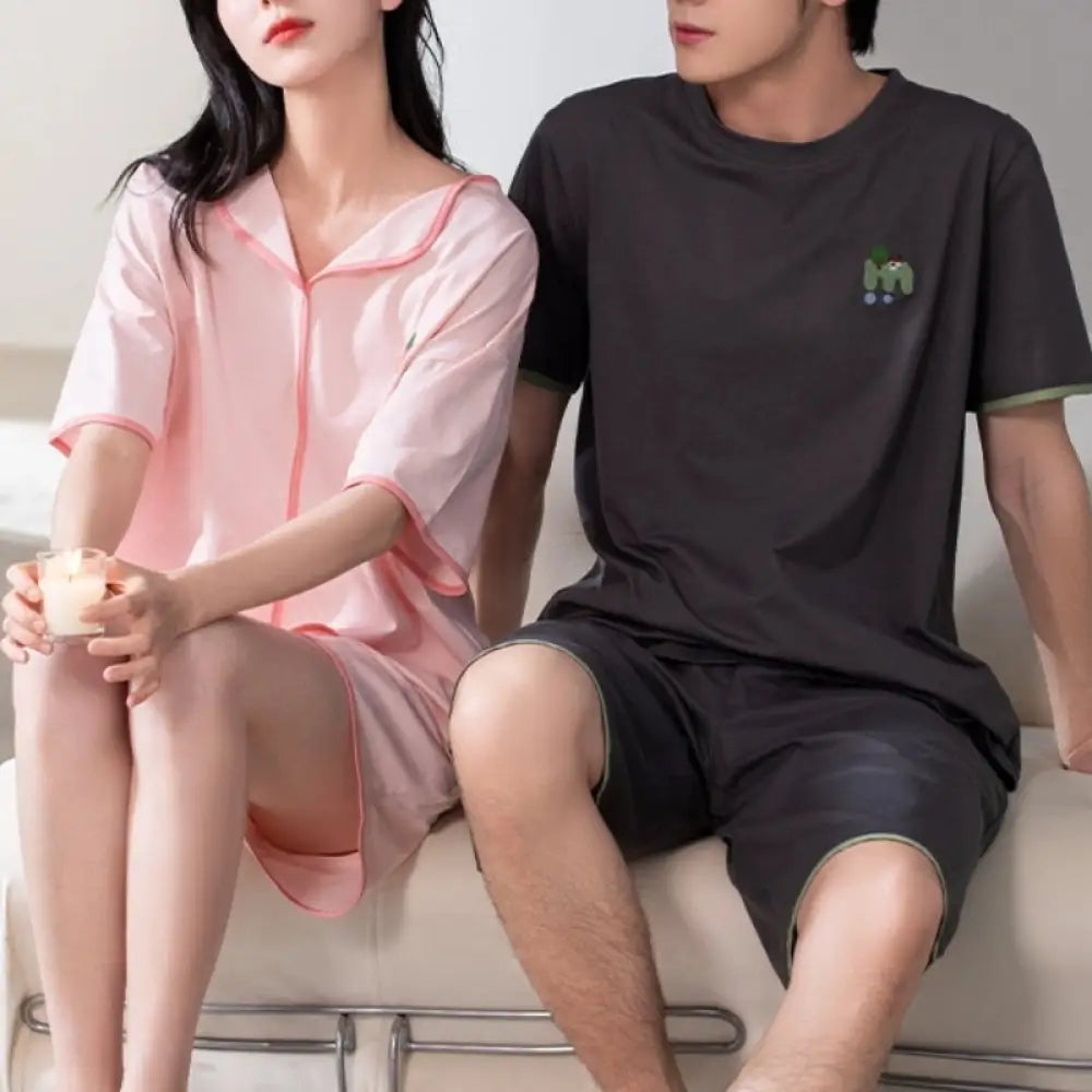 ID1511 ペア 夏 オーガニックコットン 新作 半袖 メンズ レディース ルームウェア シンプル 無地 お出かけ対応 2点セット タイプ② / レディースＭ カップル>セットアップ