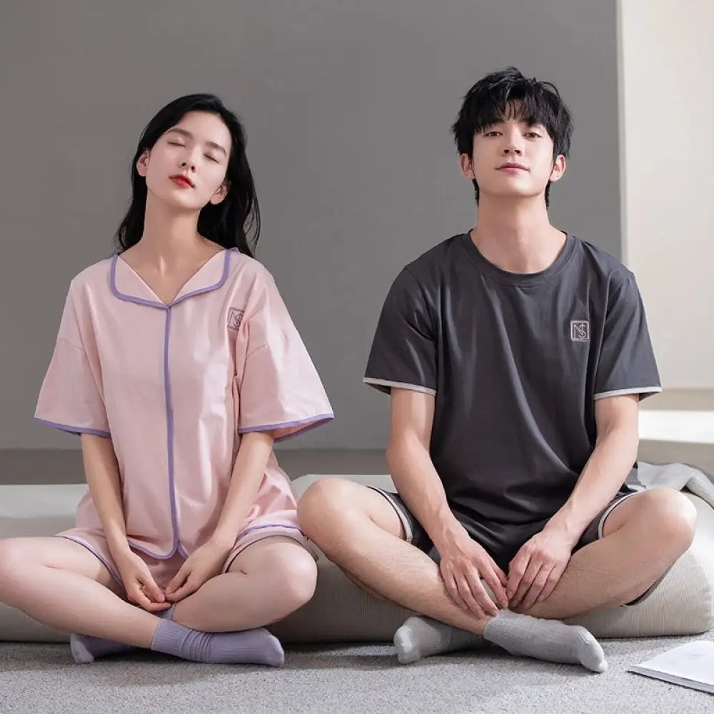 ID1511 ペア 夏 オーガニックコットン 新作 半袖 メンズ レディース ルームウェア シンプル 無地 お出かけ対応 2点セット タイプ⑤ / レディースＭ カップル>セットアップ