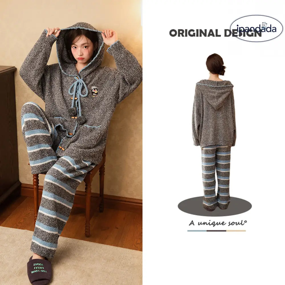 ペンギン 秋冬 フリース パジャマ レディース 厚手 保温 ソフト ルームウェア ID3588