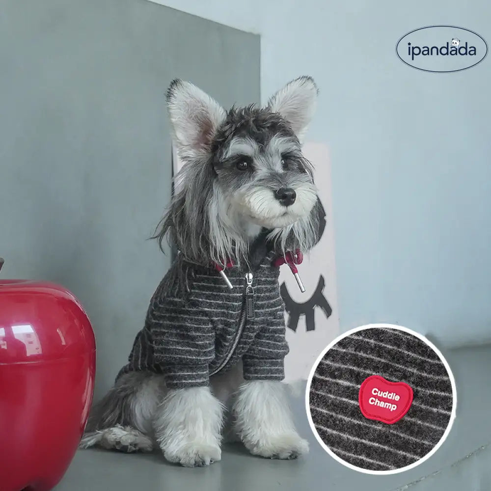 ペット ドッグウェア 秋冬 フリース ストライプ ジップアップ フード付き パーカー シュナウザー 小型犬 服 ID2743