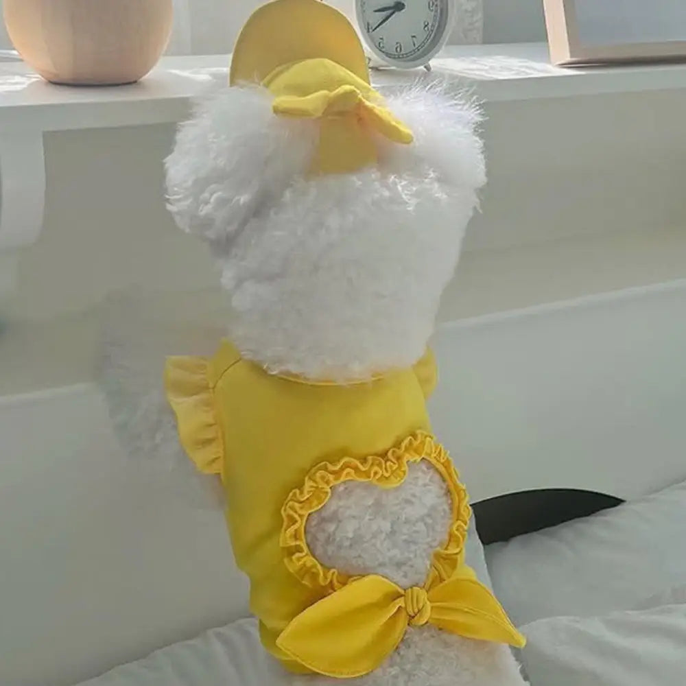 ID1002 ペット服 春夏用 xs-xlサイズ 猫 犬用 2点セット デニム Tシャツ ベスト + 帽子 セット インスタ映え かわいい コーディネート おしゃれ 通気性 軽量 イエロー2点セット / XS ペット用品＞ウェア