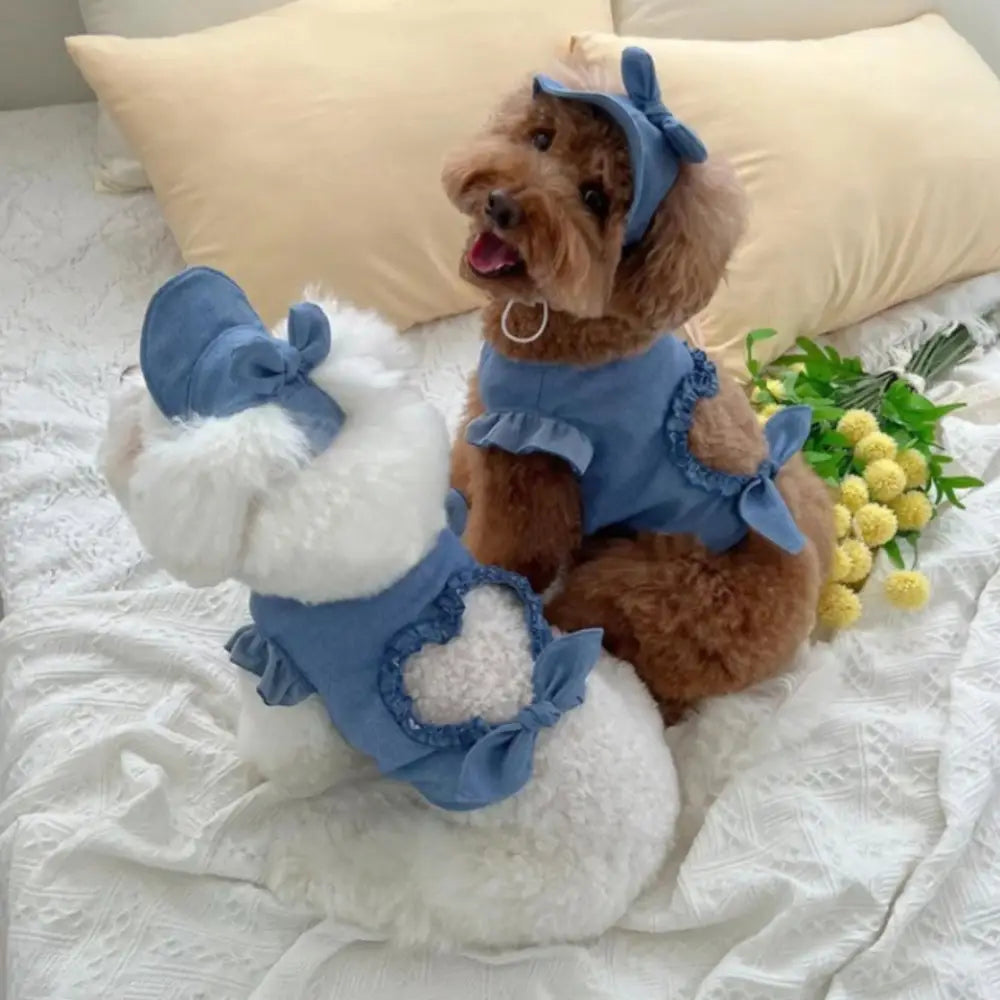 ID1002 ペット服 春夏用 xs-xlサイズ 猫 犬用 2点セット デニム Tシャツ ベスト + 帽子 セット インスタ映え かわいい コーディネート おしゃれ 通気性 軽量 デニム2点セット / XS ペット用品＞ウェア