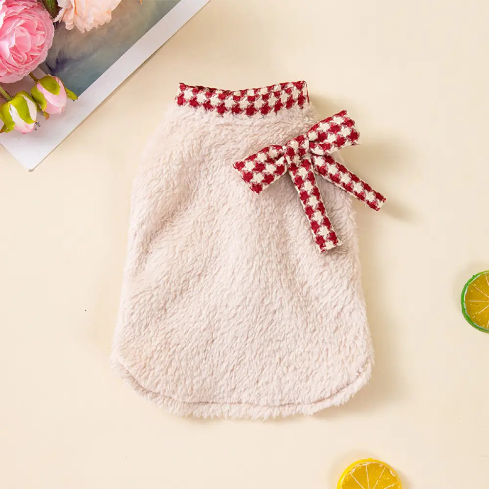 ペット服 秋冬 かわいい フリース ビション フリーゼ シュナウザー テディ ベスト リボン ノースリーブ ID3395 写真通り / XS