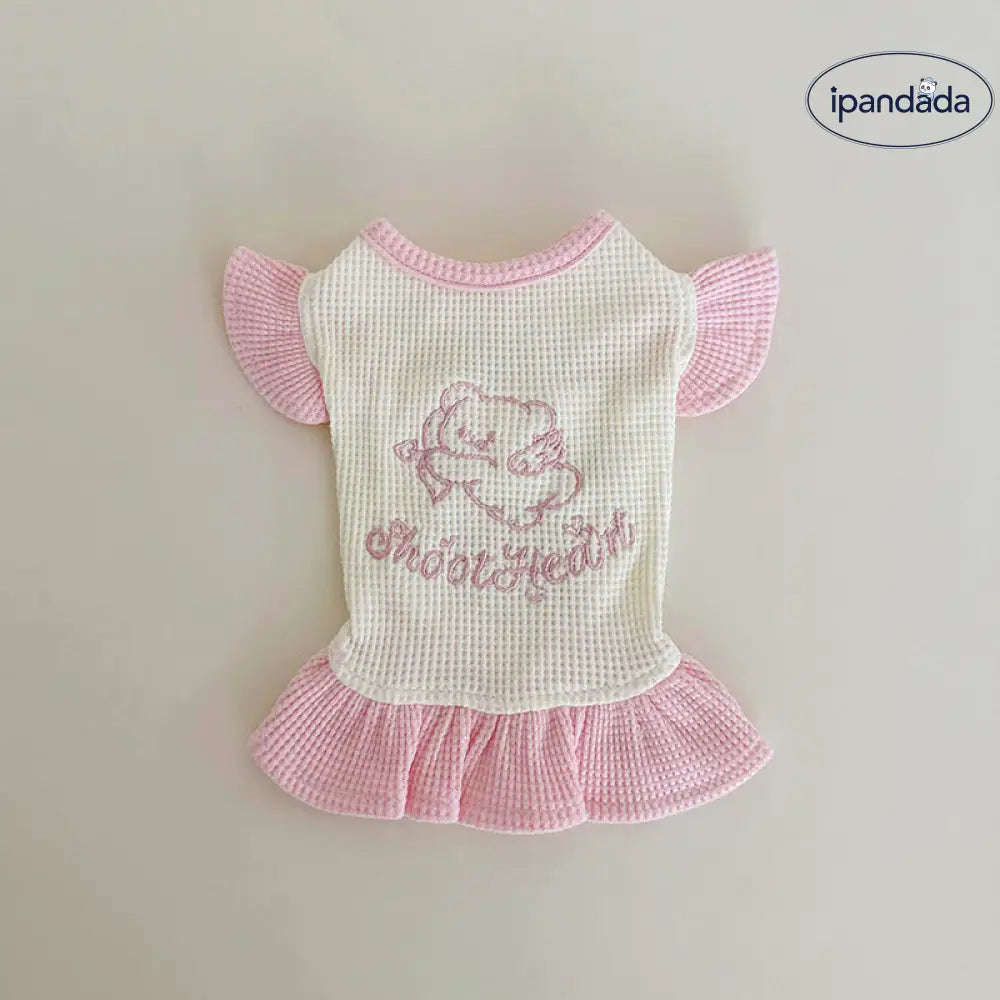 ID1361 ペット服 犬猫兼用 ワッフル編み 刺繍 カラーブロック マカロンカラー ドレス＆プルオーバー ペア用 薄手軽量 通気性抜群 洗える おしゃれ かわいい