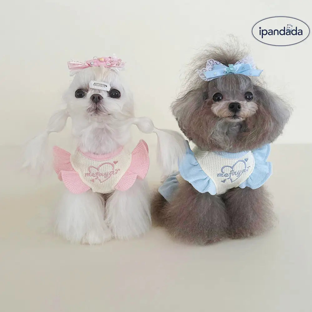 ID1361 ペット服 犬猫兼用 ワッフル編み 刺繍 カラーブロック マカロンカラー ドレス＆プルオーバー ペア用 薄手軽量 通気性抜群 洗える おしゃれ かわいい