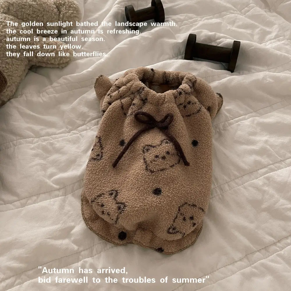 ペット服 犬 猫 秋冬新作 フリース 保温 部屋着 タディ ビション用パジャマ ルームウェア テディ ビションフリーゼ ID3255 ブラウン / 2XS