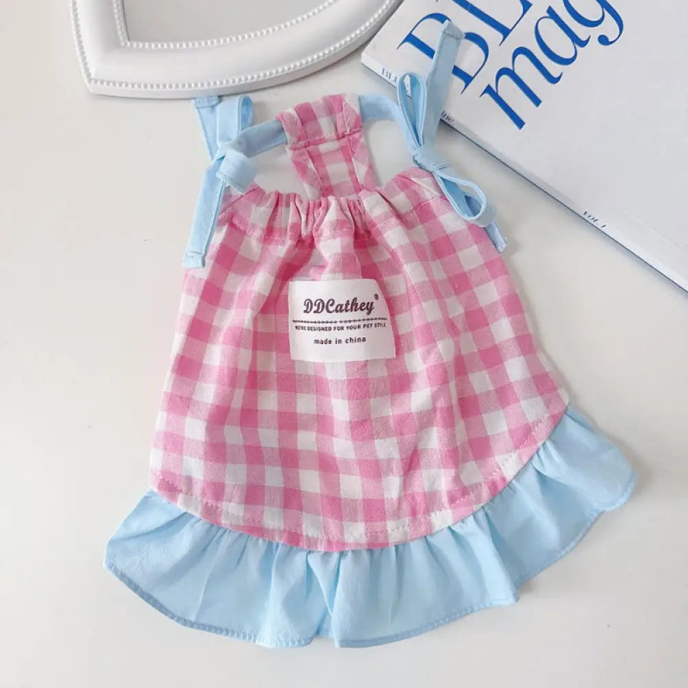 ID1007 ペット服 夏用 犬 猫用 クール 新作 かわいい ノースリーブ チェック ワンピース ビションフリーゼ トイプードル ヨークシャーテリア 通気性 涼感 おしゃれ 軽量 ピンク / XS ペット用品＞ウェア