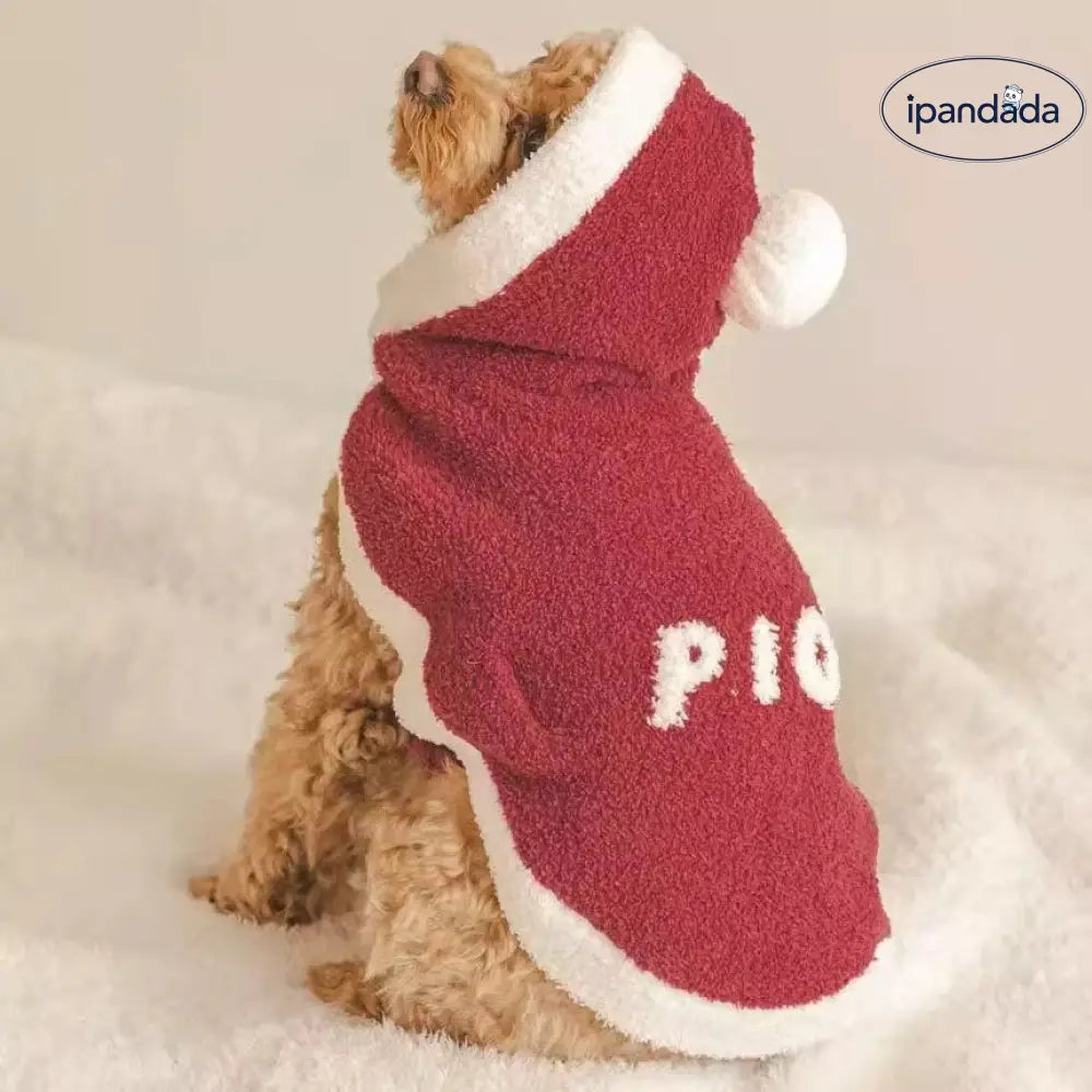 ペット 猫犬 屋外 保温 コート フリース ケープ フード付き 赤色 クリスマス ID2860