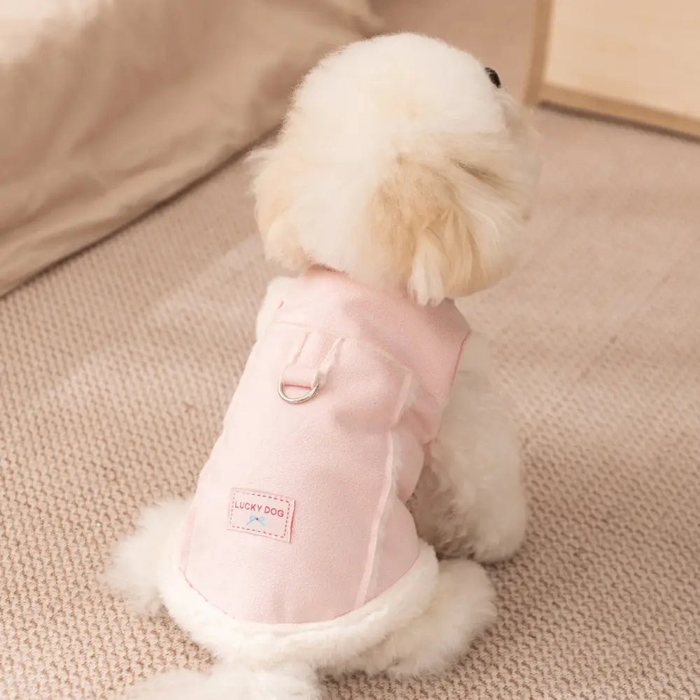 ペット用 冬用 厚手 裏起毛 スエード素材 牽引可能 中小型犬 猫用 2足型 コート ビションフリーゼ ID3378 ピンク / XS