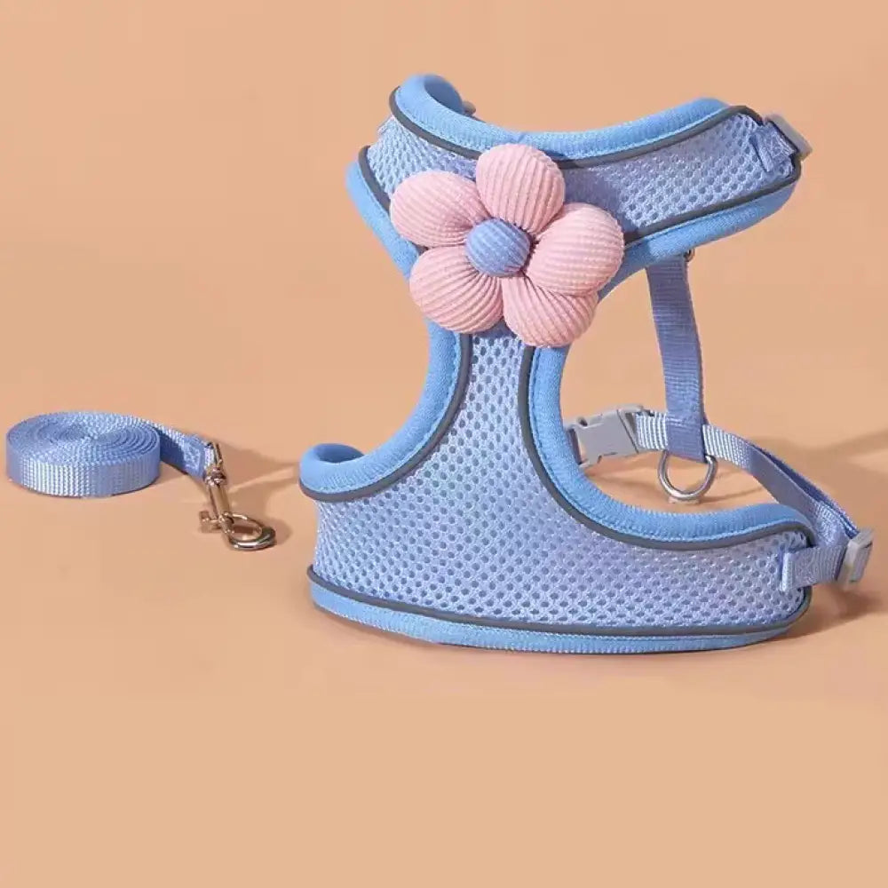 ID1178 ペット用おしゃれハーネス 花柄レースデザイン 小型犬・猫用 通気性抜群 散歩用ベスト お散歩 お出かけ アウトドア 通気性ブルー / S ペット用品＞ハーネス・リード