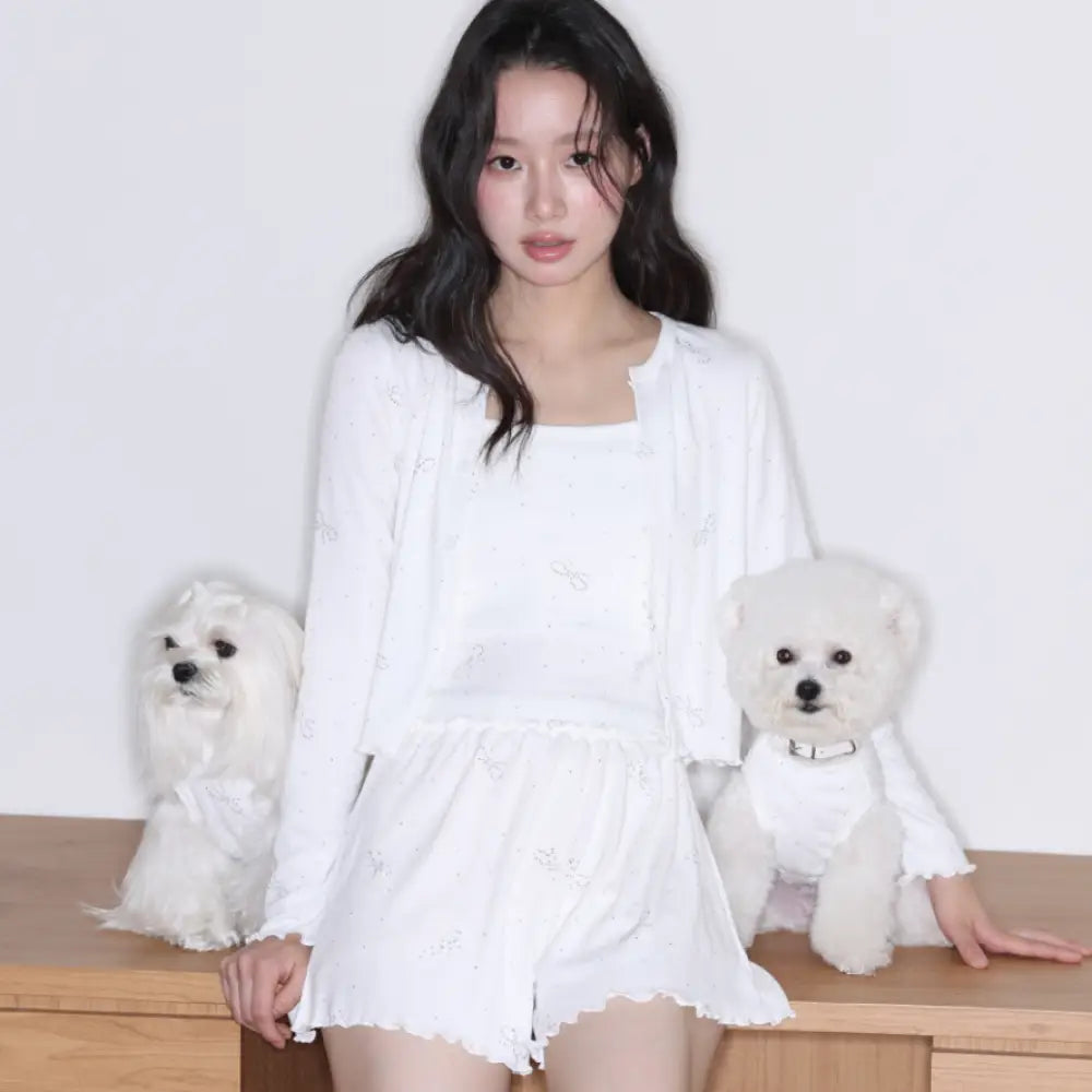 ペットオーナー マッチング ルームウェア キラキラ 蝶ネクタイ 韓国風 パジャマ 3点セット 外出可 パッド付き 親子コーデ おそろい ホームウェア デコレーション ゴージャス おしゃれ ペットウェア オーナーウェア 着心地 快適 春夏