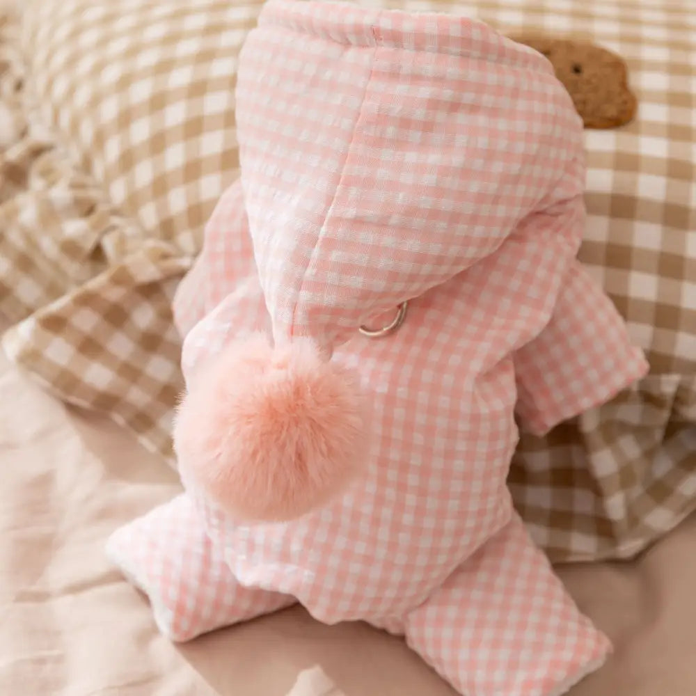 ペットウェア 4足型 コットンウェア クリスマス チェック柄 フード付き 小型犬 ビションフリーゼ テディベア用 ID3273 ピンク / XS