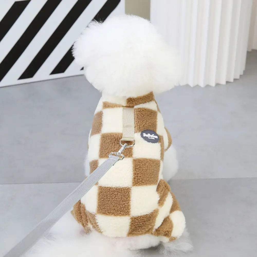 ペットウェア 秋冬用 犬服 テディ ベビーキャット ペットウェア フック付き 大格子 四足 フリース ID2502 ブラウン / S