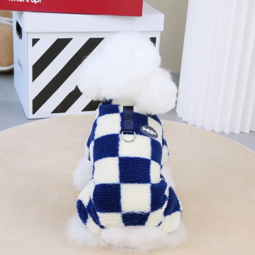 ペットウェア 秋冬用 犬服 テディ ベビーキャット ペットウェア フック付き 大格子 四足 フリース ID2502 ブルー / S