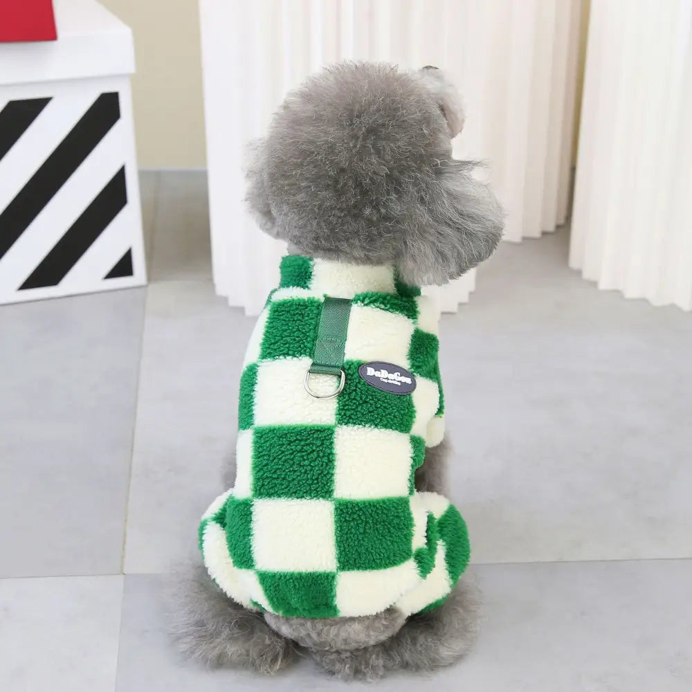 ペットウェア 秋冬用 犬服 テディ ベビーキャット ペットウェア フック付き 大格子 四足 フリース ID2502 グリーン / S
