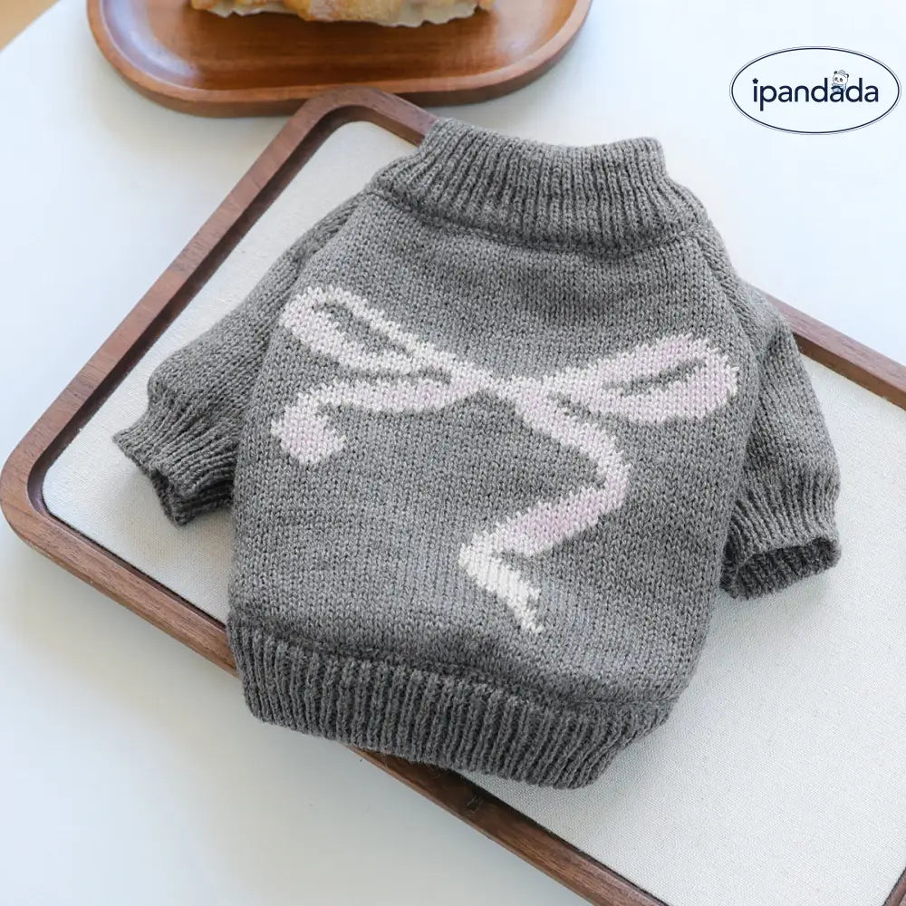 ペットウェア 秋冬 新作 小型犬 幼犬 ハッピー ドッグ キャット 保温 快適 リボン ニットセーター グレー ID3518