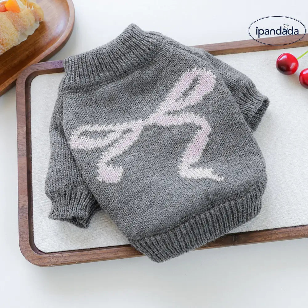 ペットウェア 秋冬 新作 小型犬 幼犬 ハッピー ドッグ キャット 保温 快適 リボン ニットセーター グレー ID3518