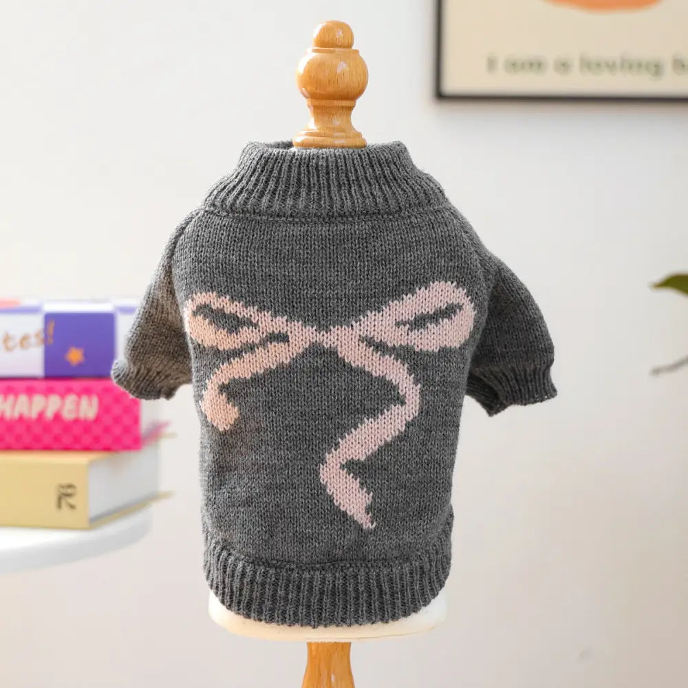 ペットウェア 秋冬 新作 小型犬 幼犬 ハッピー ドッグ キャット 保温 快適 リボン ニットセーター グレー ID3518 グレー / XS