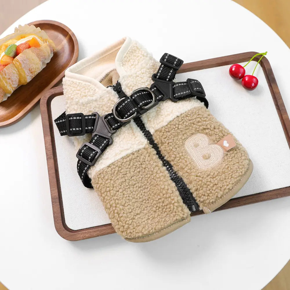 ペットウェア 秋冬 新作 小型犬 幼犬 ハッピー ドッグ キャット 保温 快適 シャギーフリース バイカラー ハーネス ベスト ID3520 ベージュ / XS