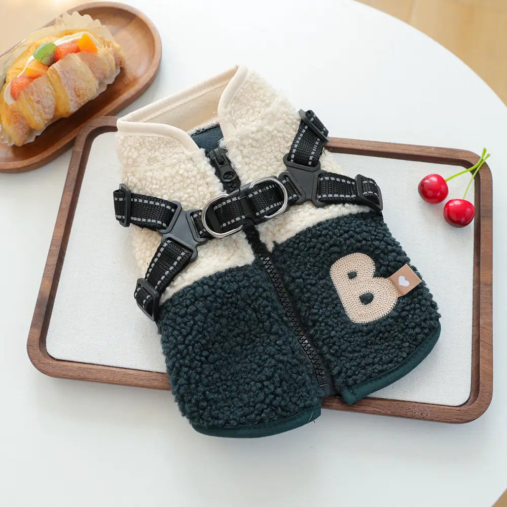 ペットウェア 秋冬 新作 小型犬 幼犬 ハッピー ドッグ キャット 保温 快適 シャギーフリース バイカラー ハーネス ベスト ID3520 グリーン / XS