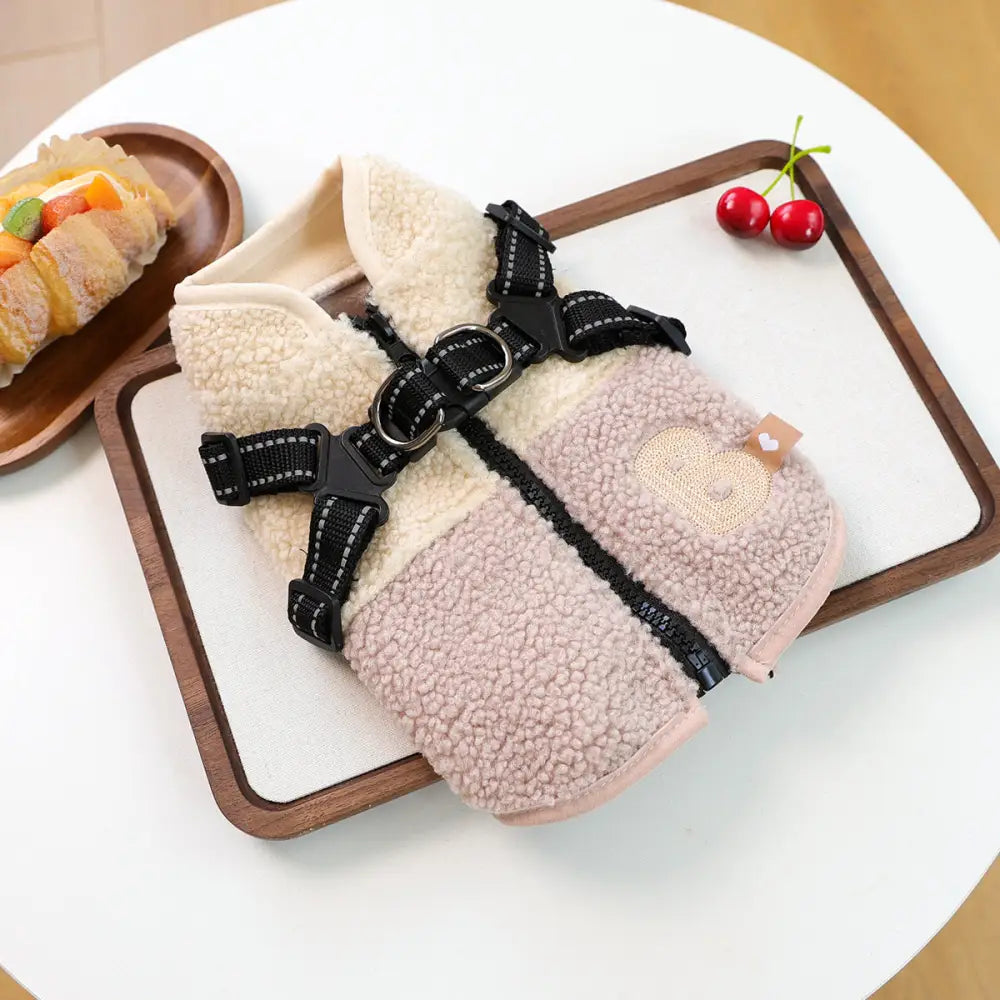 ペットウェア 秋冬 新作 小型犬 幼犬 ハッピー ドッグ キャット 保温 快適 シャギーフリース バイカラー ハーネス ベスト ID3520 ピンク / XS