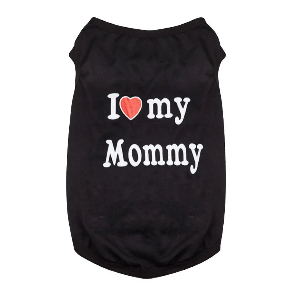 ID529 ペットウェア 犬の服 犬服 I love mommy I love daddy ドッグウェア タンクトップ ノースリーブ ロゴプリント 夏用 薄手 犬用 猫用 わんこ お散歩 汚れ対策 ブラック／Mommy / XS