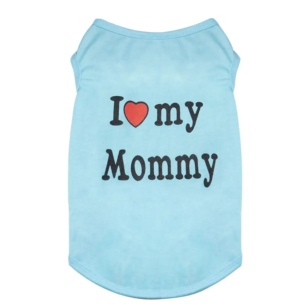 ID529 ペットウェア 犬の服 犬服 I love mommy I love daddy ドッグウェア タンクトップ ノースリーブ ロゴプリント 夏用 薄手 犬用 猫用 わんこ お散歩 汚れ対策 ブルー／Mommy / XS