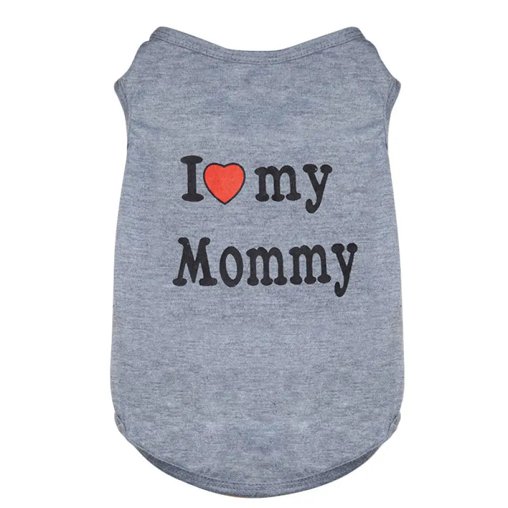 ID529 ペットウェア 犬の服 犬服 I love mommy I love daddy ドッグウェア タンクトップ ノースリーブ ロゴプリント 夏用 薄手 犬用 猫用 わんこ お散歩 汚れ対策 グレー／Mommy / XS