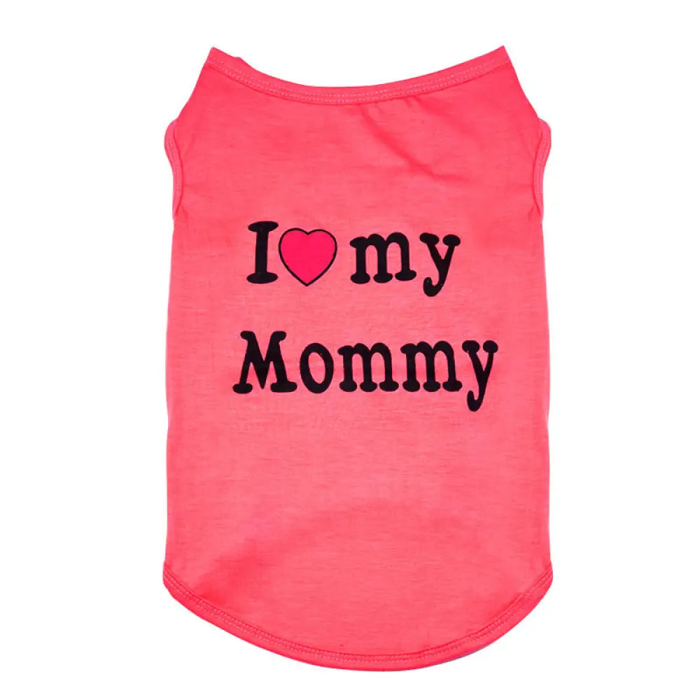 ID529 ペットウェア 犬の服 犬服 I love mommy I love daddy ドッグウェア タンクトップ ノースリーブ ロゴプリント 夏用 薄手 犬用 猫用 わんこ お散歩 汚れ対策 ショッキングピンク／Mommy / XS