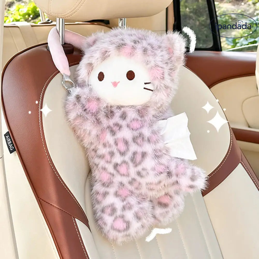 ピンク ヒョウ柄 猫 ティッシュカバー ぬいぐるみ 車載 ティッシュボックス かわいい 人形 カー アクセサリー 吊り下げ ティッシュ 柔らかい フリース おしゃれ ギフト プレゼント インテリア 車内 デコレーション 便利 ユニーク ID2588