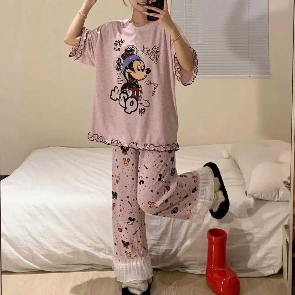 ピンク 可愛い ミッキー プリント 半袖 パジャマ レディース 大きいサイズ ロングパンツ ルームウェア セット ID4403