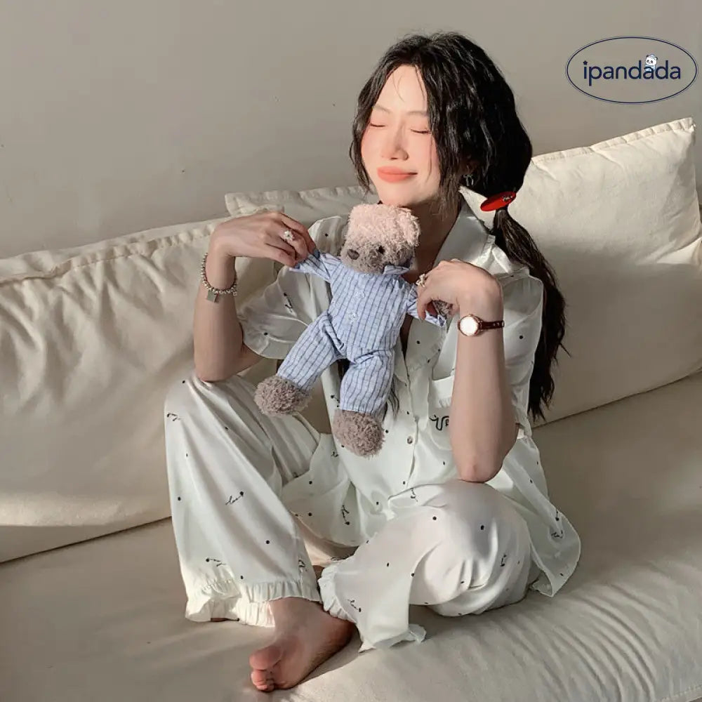 プリント アイスシルク パジャマセット 半袖 長ズボン 薄手 上品 涼感 部屋着 女性用 薄手 2025夏新作 ID1899