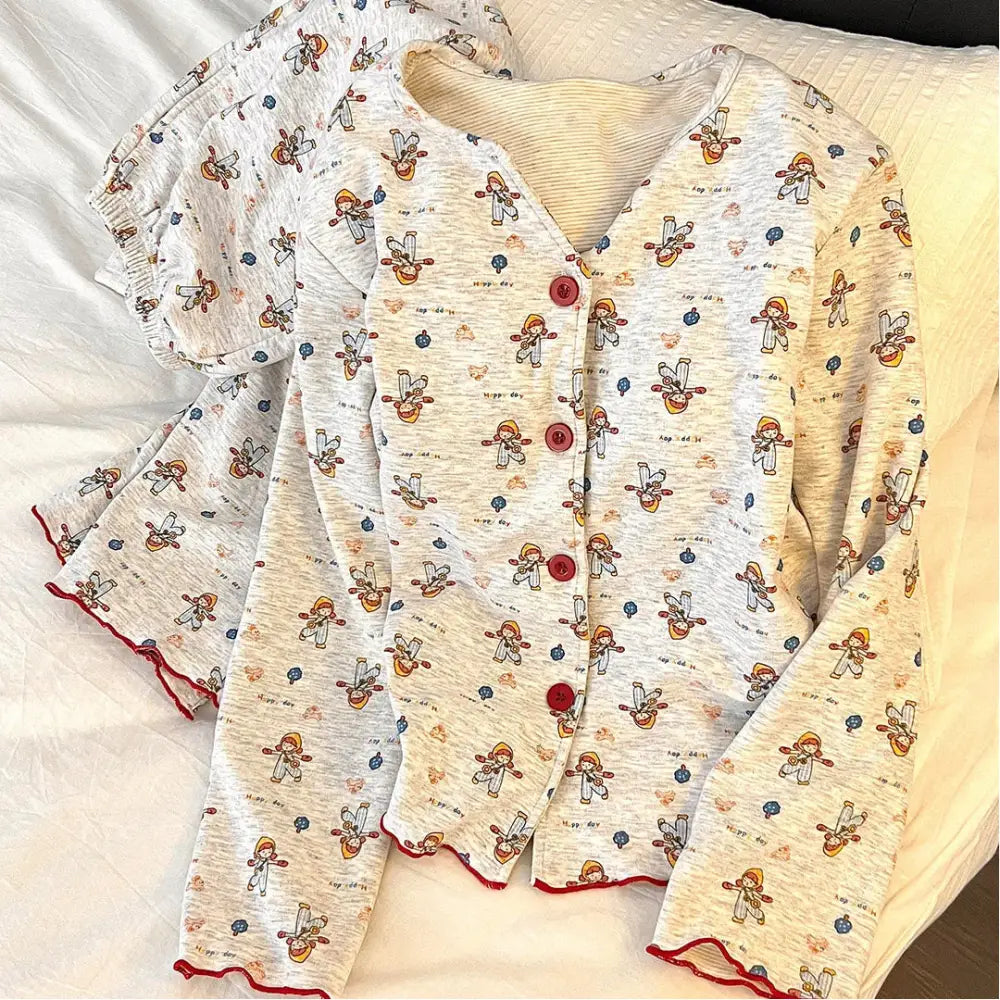 プリント パジャマ セット 春秋 長袖 肌触り最高 ルームウェア 部屋着 かわいい 2点セット ID4211 写真通り / S