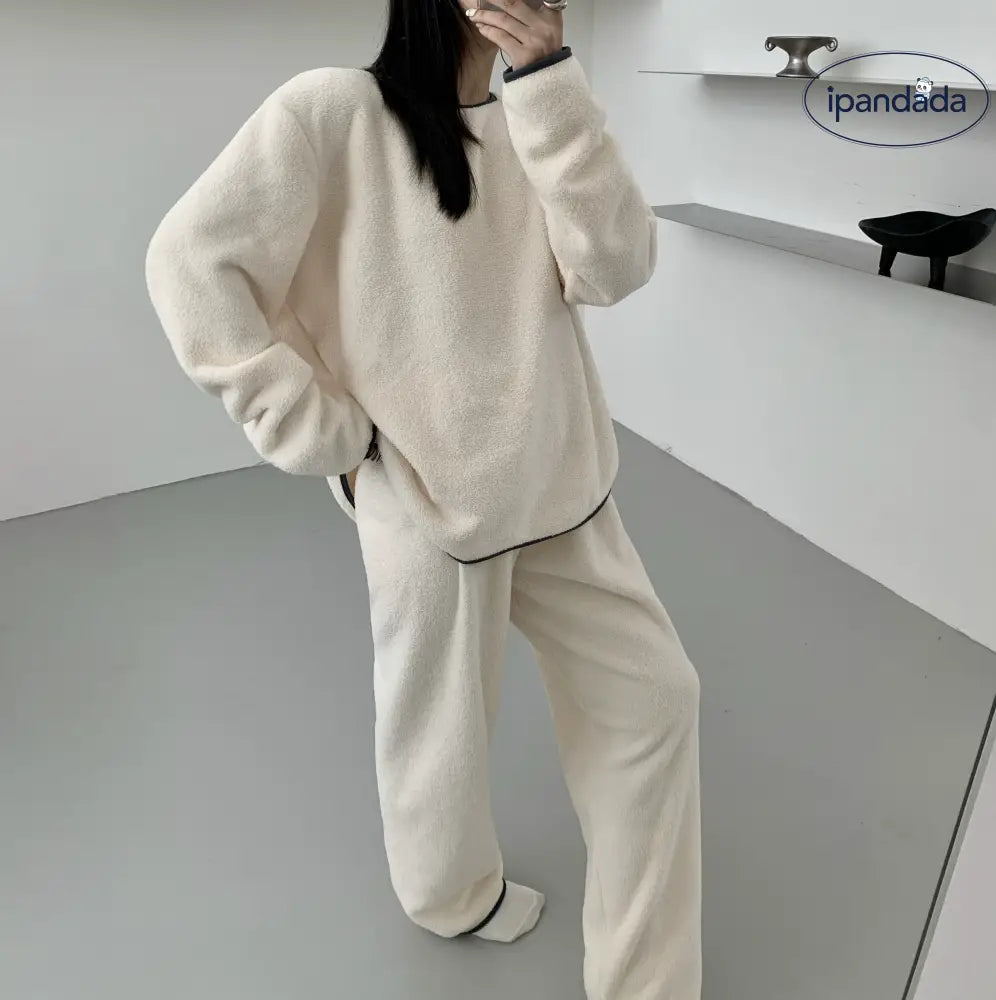 プルオーバー スノーフリース パジャマ セット 秋冬 新作 薄手フリース ゆったり ルームウェア 2点セット レディース 加絨 ID2364 レディース＞セットアップ