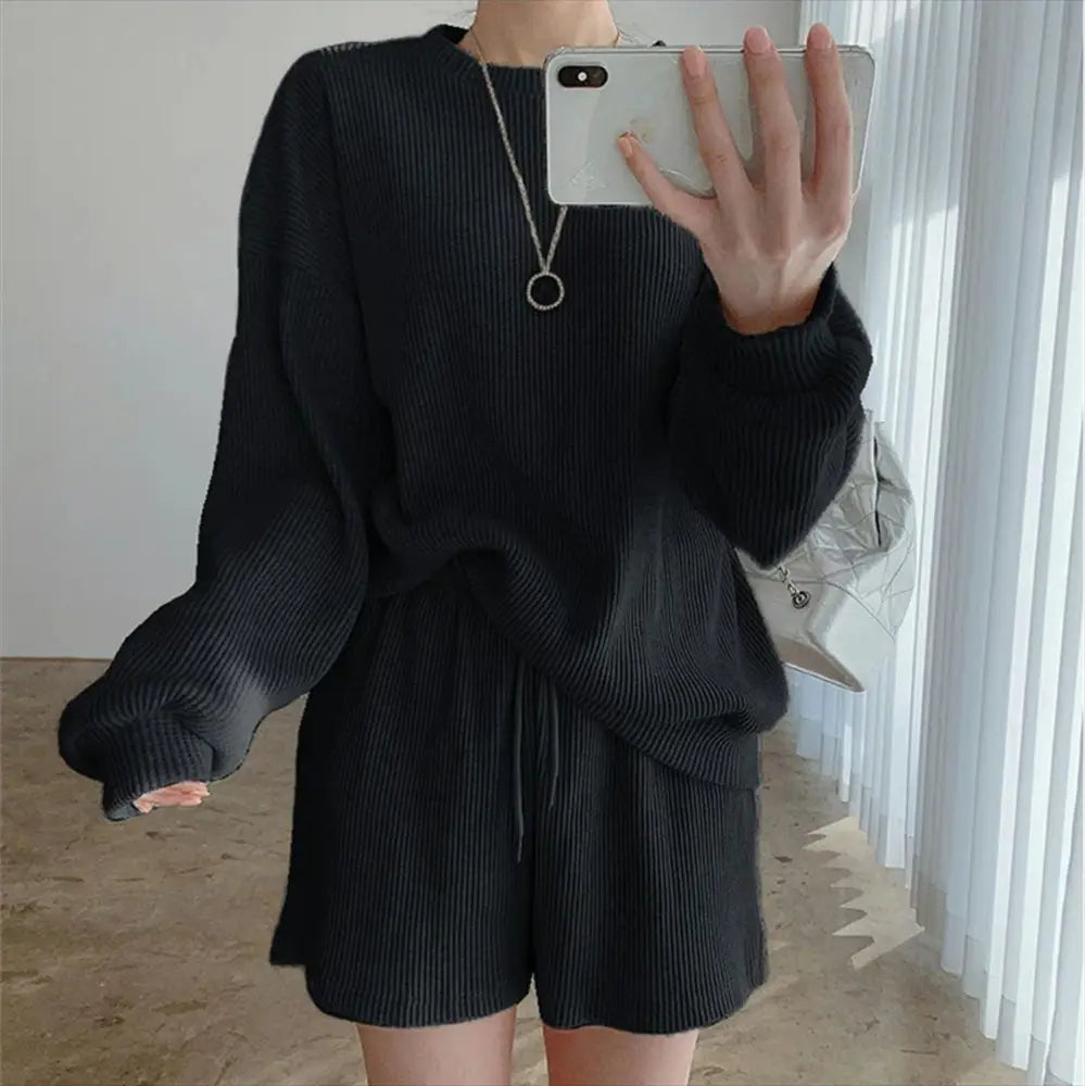 ID1564 日本風 スウェットセット 春 夏 オーバーヘッド ルーズシルエット ゴムベルト ショートパンツ ゆったり 丸首 2点セット 通年 綿 肌触り良い タイプ④ / フリー 外出着>セットアップ