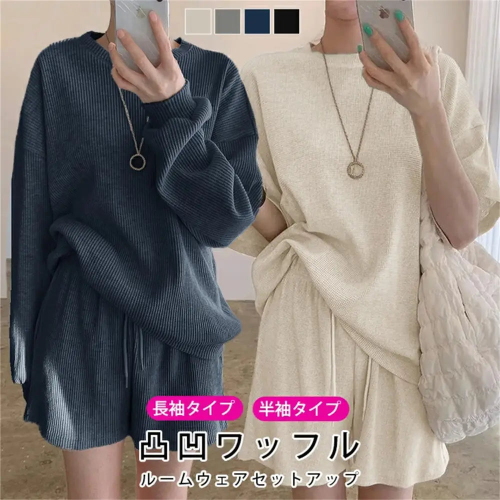 ID1564 日本風 スウェットセット 春 夏 オーバーヘッド ルーズシルエット ゴムベルト ショートパンツ ゆったり 丸首 2点セット 通年 綿 肌触り良い