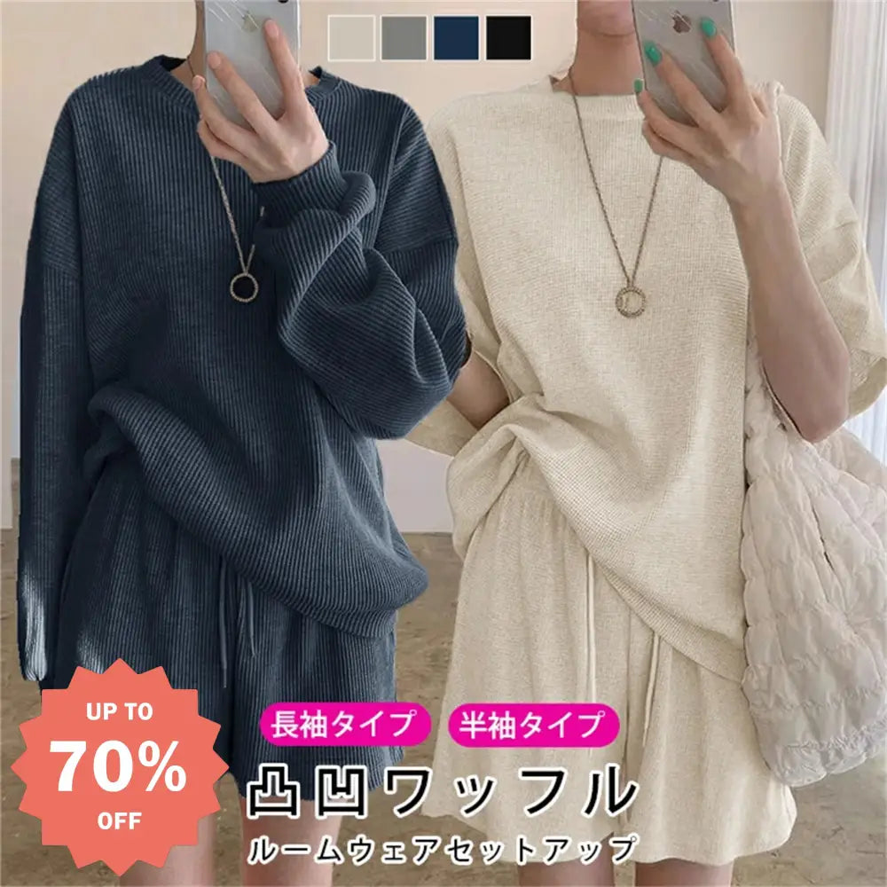 ID1564 日本風 スウェットセット 春 夏 オーバーヘッド ルーズシルエット ゴムベルト ショートパンツ ゆったり 丸首 2点セット 通年 綿 肌触り良い