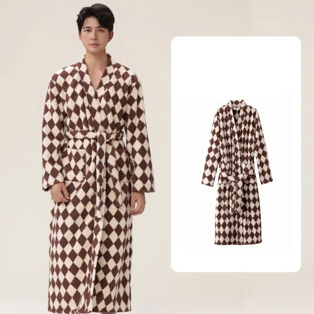 女性用 男性用 寝巻き 冬用 長丈 フリース 厚手 ハーフフリース ペア バスローブ コーラルフリース 家庭用 ルームウェア ID2354 男性 ブラウン / M カップル＞セットアップ