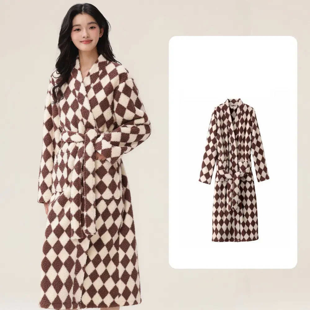 女性用 男性用 寝巻き 冬用 長丈 フリース 厚手 ハーフフリース ペア バスローブ コーラルフリース 家庭用 ルームウェア ID2354 女性 ブラウン / M カップル＞セットアップ