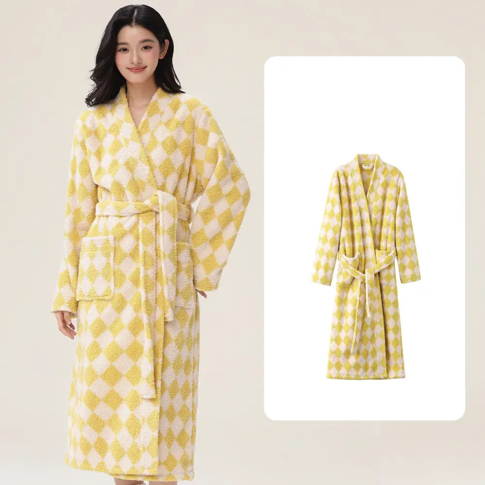 女性用 男性用 寝巻き 冬用 長丈 フリース 厚手 ハーフフリース ペア バスローブ コーラルフリース 家庭用 ルームウェア ID2354 女性 イエロー / M カップル＞セットアップ