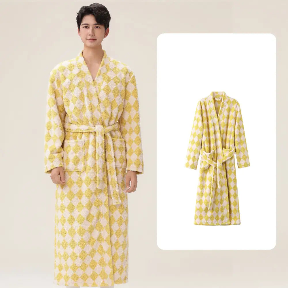 女性用 男性用 寝巻き 冬用 長丈 フリース 厚手 ハーフフリース ペア バスローブ コーラルフリース 家庭用 ルームウェア ID2354 男性 イエロー / M カップル＞セットアップ