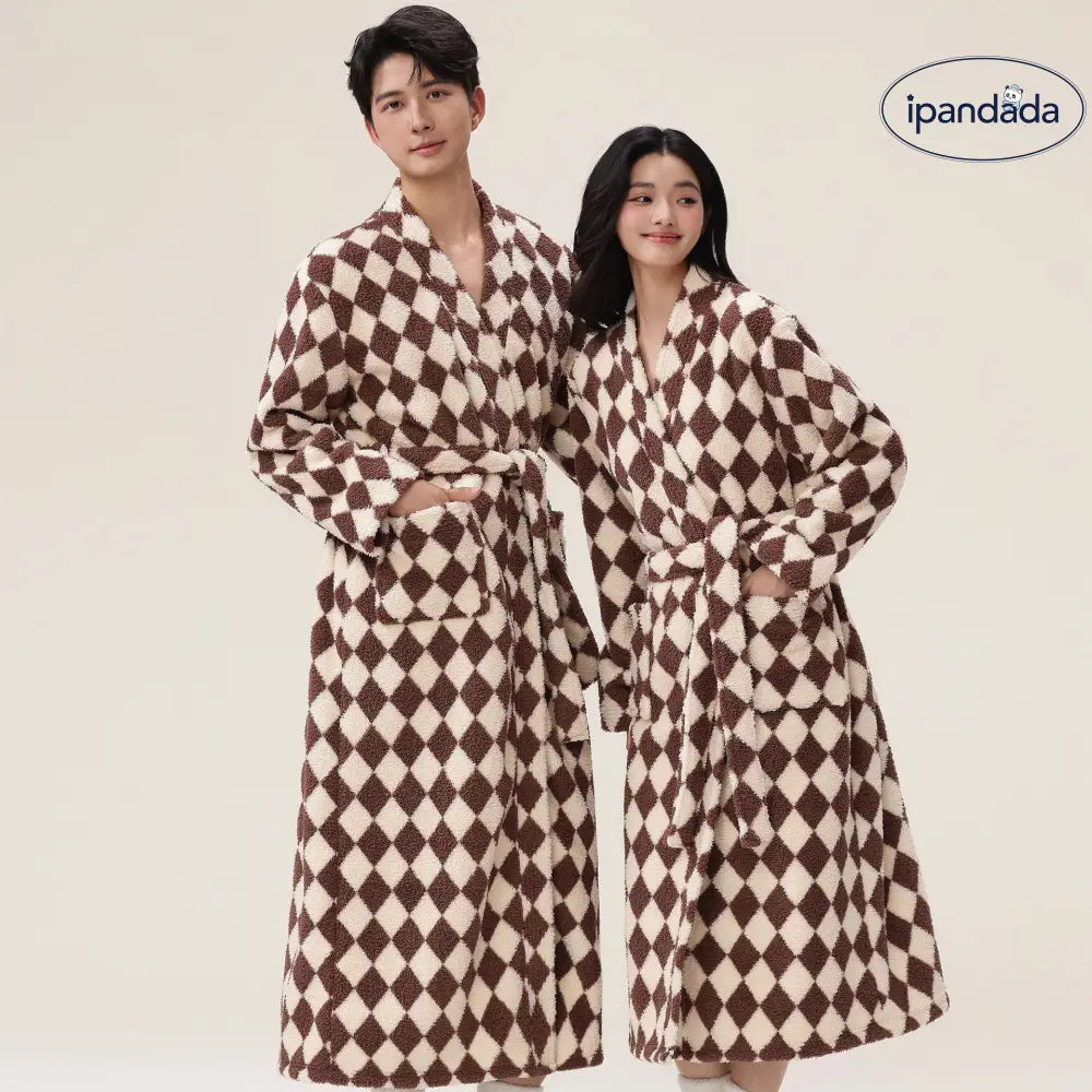 女性用 男性用 寝巻き 冬用 長丈 フリース 厚手 ハーフフリース ペア バスローブ コーラルフリース 家庭用 ルームウェア ID2354