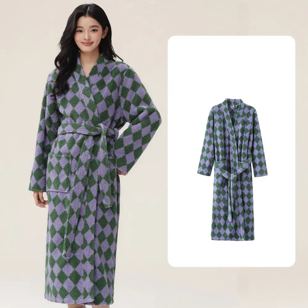 女性用 男性用 寝巻き 冬用 長丈 フリース 厚手 ハーフフリース ペア バスローブ コーラルフリース 家庭用 ルームウェア ID2354 女性 パープル / M カップル＞セットアップ