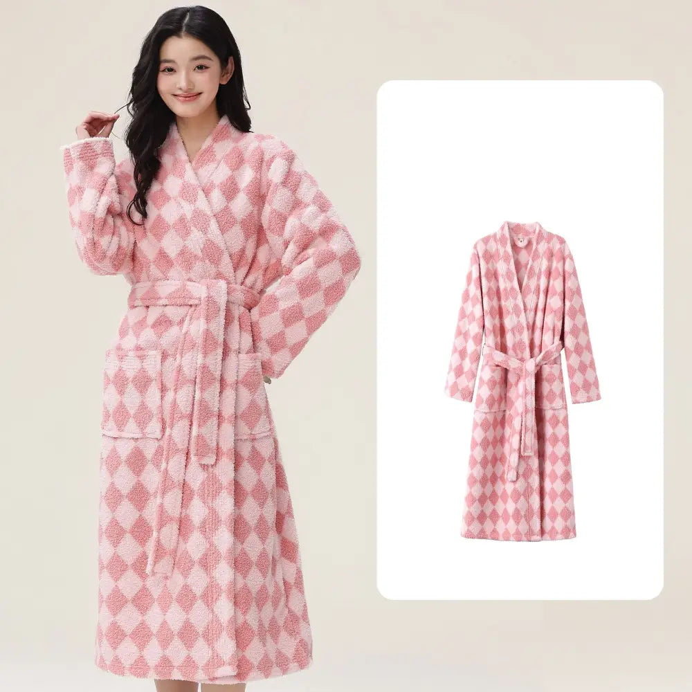 女性用 男性用 寝巻き 冬用 長丈 フリース 厚手 ハーフフリース ペア バスローブ コーラルフリース 家庭用 ルームウェア ID2354 女性 ピンク / M カップル＞セットアップ