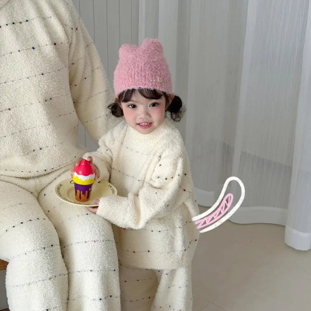 親子 ソフト フワフワ フリース 保温 加厚 パジャマ ルームウェア 冬季 セット ID2918 アイボリー / 90cm